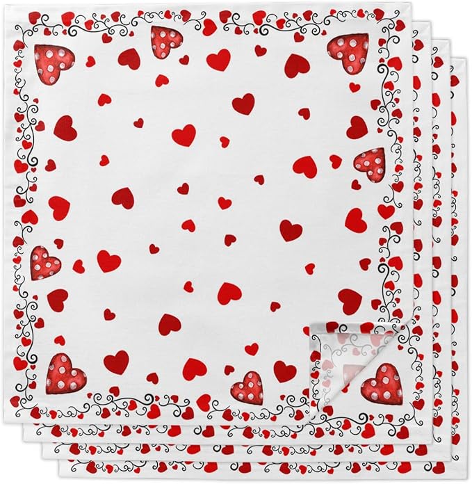 Valentines Cloth Napkins Set of 4, Red Love Heart Polka Dot Black Lace Dinner Napkins Cloth Washable, Cocktail Napkins Reusable for Wedding, Party, Birthday (20"x20") by Unknown