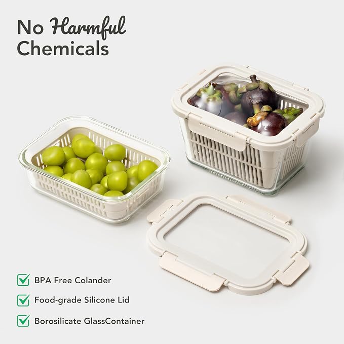 Glass Produce Storage Containers for Fridge, 2-Pack – Airtight Fruit & Vegetable Containers with Removable Colanders, Flexible Silicone Lids,LeakProof, BPA-Free Borosilicate Glass - Image 5