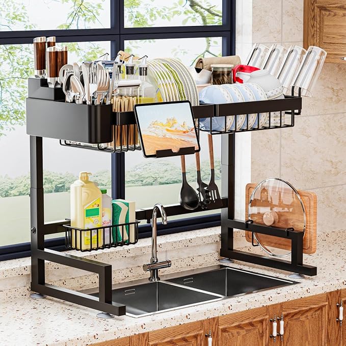 ilvvan Over Sink Dish Drying Rack (Expandable Height/Length) Snap-On Design Large Dish Drainer Storage Counter Organizer 24" - 35.5"(L) x 12"(W) x 19" - 22"(H) by ilvvan