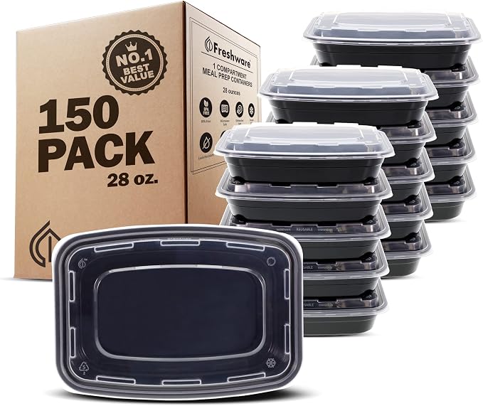 Freshware Meal Prep Containers [150 Pack] 1 Compartment Food Storage Containers with Lids, Bento Box, BPA Free, Stackable, Microwave/Dishwasher/Freezer Safe (28 oz) by Freshware