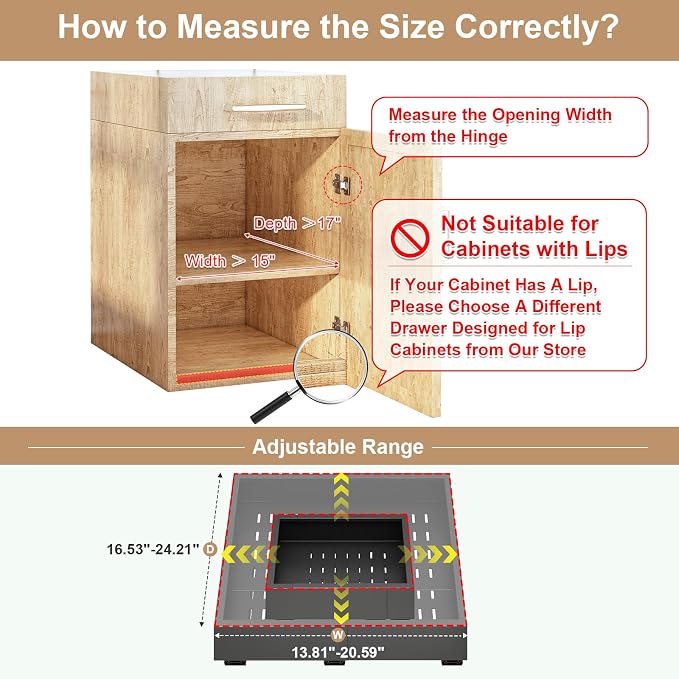 Fokyfok Pull out Cabinet Organizer,14"-21"W, 17"-24"D,Expandable,Adhesive | No Drill,3 Rails,Adjustable Slide out Drawers for Kitchen,Pantry,Roll out Shelves,for Cabinets Without Lip,Bathroom,Black,1PC - Image 2