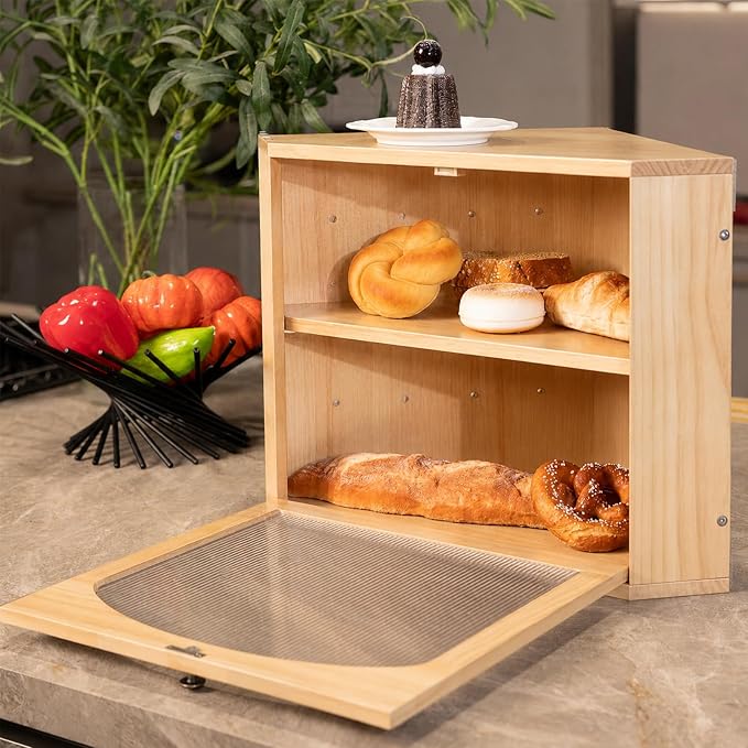 Corner Bread Box for Kitchen Countertop, Solid Wood, Natural | 2-Tier Large Capacity, Wooden Bread Box, Vintage Farmhouse Breadbox, Pine Wood, Bread Storage Container, Adjustable Shelf - Image 7