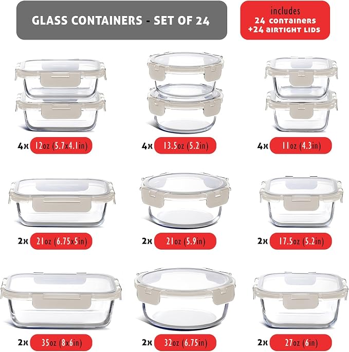 Nestl 48pc Glass Storage Containers with Lids, 24 Glass Food Storage Containers with 24 Airtight Lids for Pantry & Kitchen, Meal Prep Containers for Lunch, Oven Microwave & Dishwasher Safe, Cream - Image 3