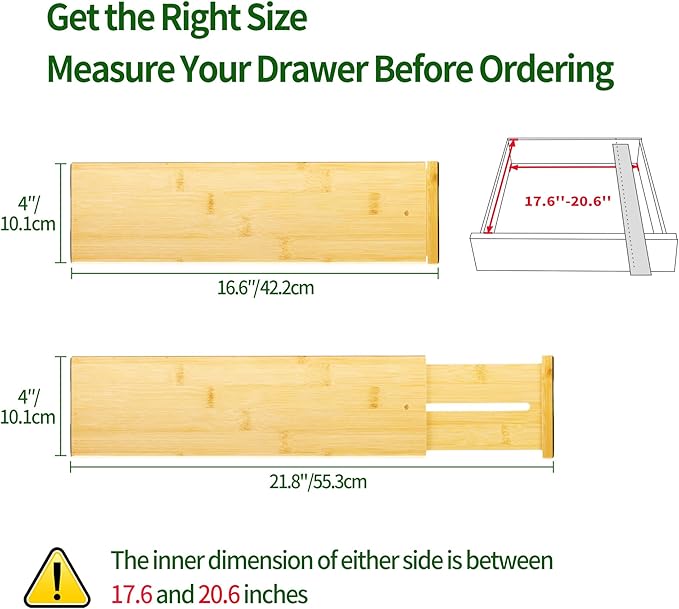 VaeFae 3 Pack Bamboo Drawer Dividers, 4" High Adjustable 16.6" - 21.8" Clothes Drawer Organizers, Expandable Separators for Bedroom/Bathroom/Kitchen/Office Storage - Image 3