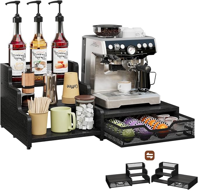 Coffee Station Organizer Compatible with Nespresso Vertuo Pods, Holds 48 Small or 32 Large Pods, 3-Tier Coffee Bar Organizer with K-Cup Holder, Coffee Pod Drawer & Syrup Cups Rack for Accessories by Bliesosfud