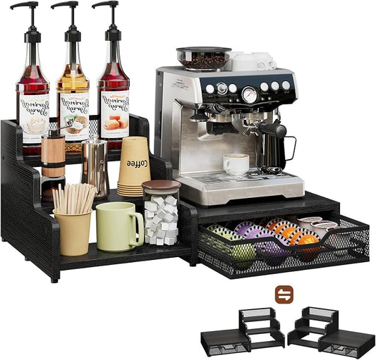 Coffee Station Organizer Compatible with Nespresso Vertuo Pods, Holds 48 Small or 32 Large Pods, 3-Tier Coffee Bar Organizer with K-Cup Holder, Coffee Pod Drawer & Syrup Cups Rack for Accessories by Bliesosfud
