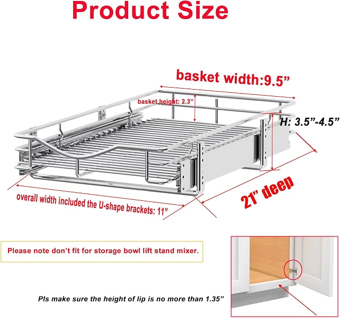 DINDON Pull Out Cabinet Organizer, (11" W x 21" D) Heavy-Duty Metal Sliding Drawer Shelf, Bathroom Under Sink Kitchen Cabinets Organizer and Storage Slide Out Shelves, Chrome, 1 Tier, 2 Pack - Image 2