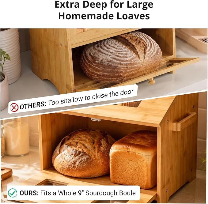 Large Bread Box for Homemade Bread: 9.1" Deep 2-Tier Fits 95% of Artisan | Countertop Storage Fit 2 Big Loaves & Multiple Pastries - Farmhouse Bamboo Contaniner with Cutting Board & Knife Holder - Image 3