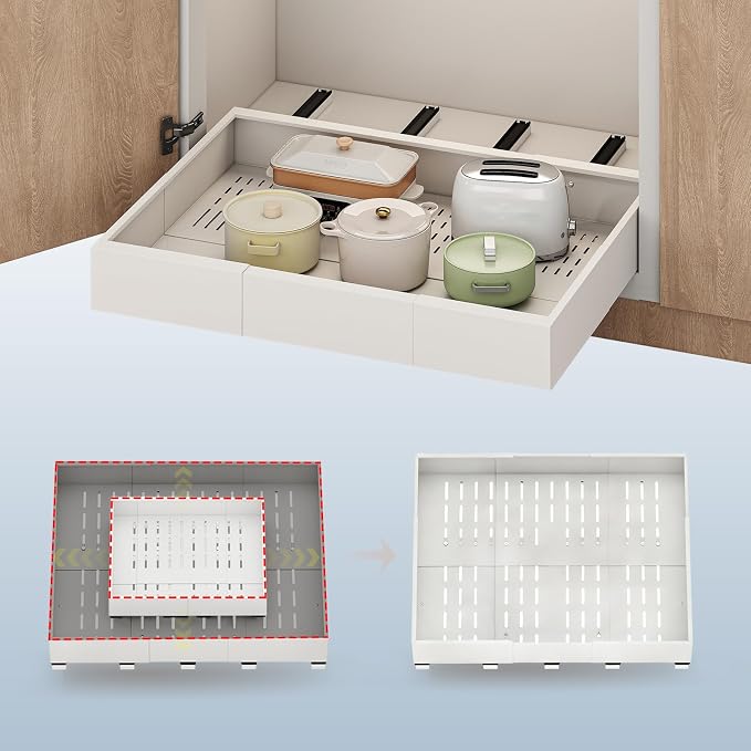 Fokyfok Pull Out Cabinet Organizer,23"-31"W,17"-24"D,Expandable,Adhesive | No Drill,5 Rails,Roll out Drawers,Adjustable Slide out Shelves for Kitchen,Pantry,Framed and Framless Cabinets,White,1PC by Fokyfok
