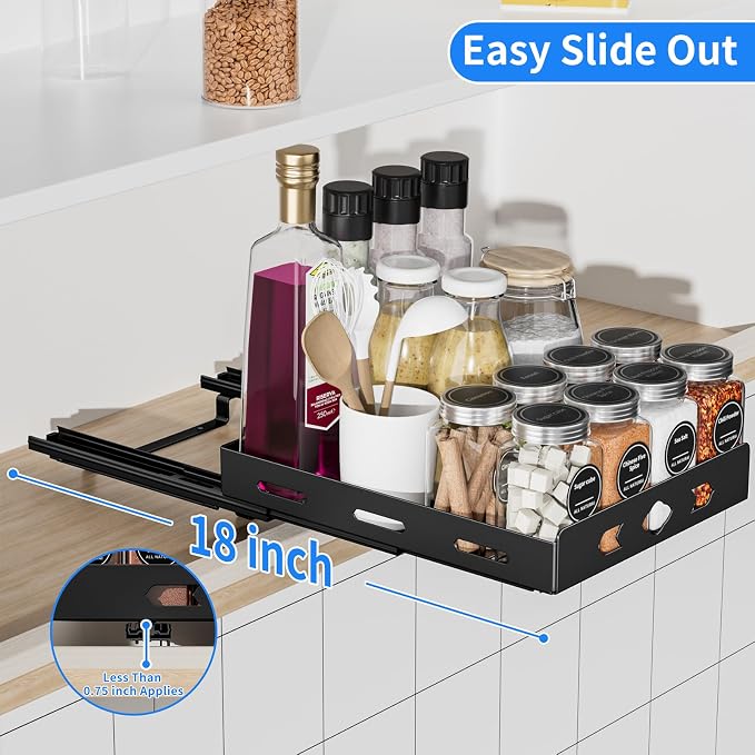 BOIVSHI Pull Out Spice Rack for Cabinet, 1 Tier, 8.4''Wx10.5''Dx2.8''H | Heavy Duty Metal Spice Rack Organizer for Pantry, Vertical Design Saves Space Inside the Cabinets, Black - Image 3