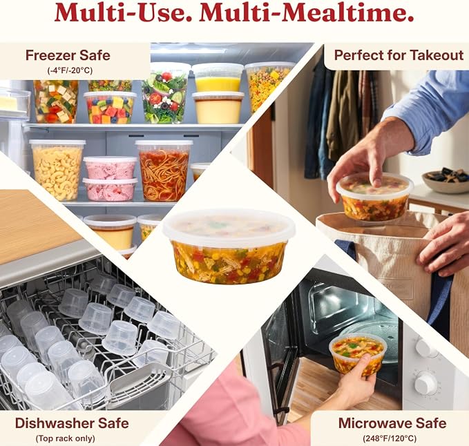 8 oz plastic containers with lids(48Set/96Pcs) BPA-Free Plastic Soup Containers with lids, Freezer Microwave Safe Small Cups for Portion Condiment Dipping Sauce, Salad Dressing - Image 4