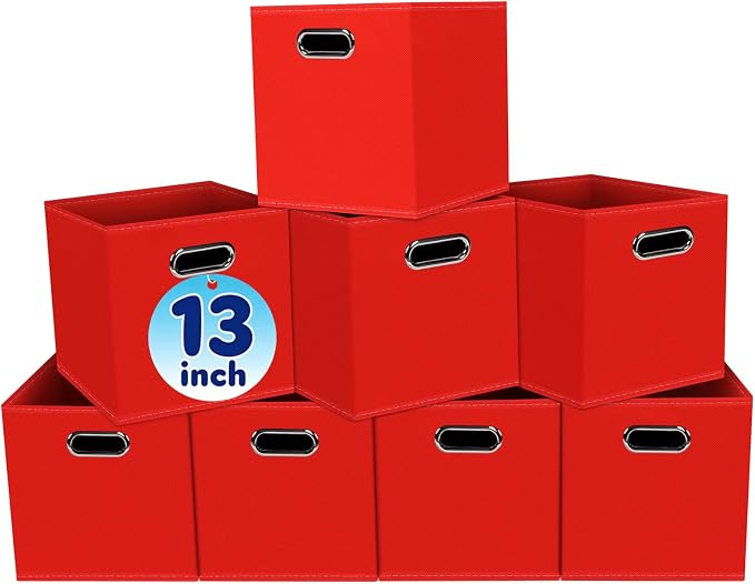 Fabric Cubby Storage Bins,13x13x13 Inches,Cube Organizer Bin Foldable Storage Boxes with Dual Handles Fabric Organizer Box and collapsible Storage basket,Set of 8,Red by Yunkeeper