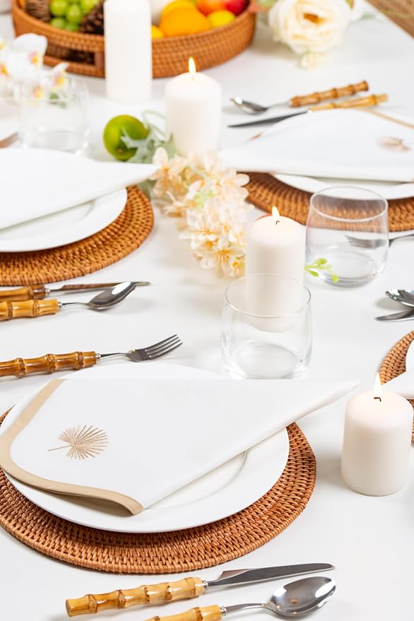 Hofdeco Premium Coastal Cotton Cloth Napkins Set of 4, 20"x20" Washable Dinner Napkins for Events, Weddings, Home Use, Neutral Tan Embroidered Palm Leaf - Image 2