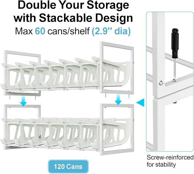 Pantry Can Organizer - Auto-Rolling, Expandable, Holds 120 Cans | White, Stackable For Walk-in Deep Pantry Shelf, Adjustable Width for Food Cans, Sturdy Metal Frame, Easy Access & Restocking - Image 7