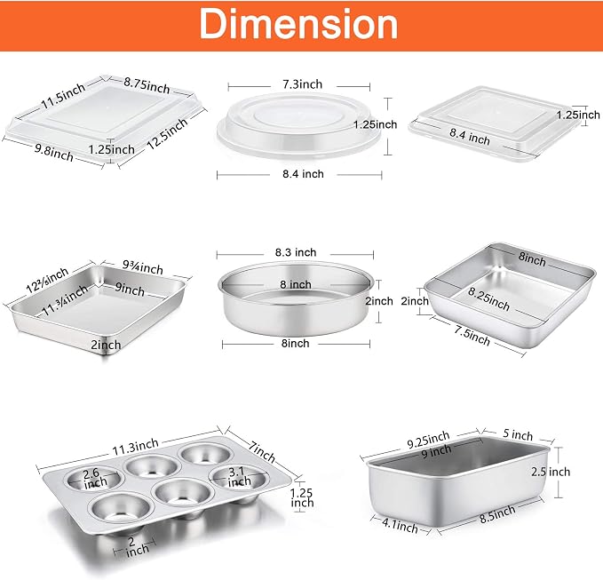TeamFar Stainless Steel Bakeware Set of 5 | Baking Roasting Pan Set with Lid, Lasagna Pan with lid, Square & Round Cake Pan, Loaf Pan & Muffin Pan, Healthy & Sturdy - Image 2