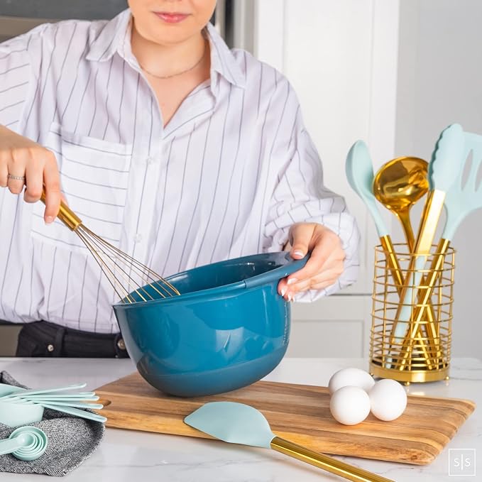 Styled Settings Teal Blue Kitchen Utensils Set with Holder, 17-Piece, Gold | Nonstick Safe Cooking Utensils with Gold Utensil Holder - Stylish Teal Blue Kitchen Accessories for Cooking and Baking - Image 3