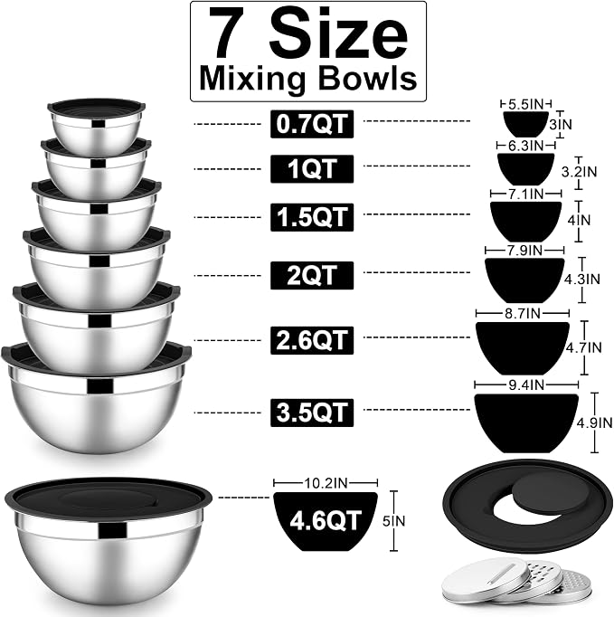 E-far Mixing Bowls with Lids Set, 7-Piece Stainless Steel Metal Mixing Bowls with 3 Grater Attachments, Size 4.6, 3.5, 2.6, 2, 1.5, 1, 0.7QT, Nesting Design & Black Airtight Lids, For Baking/Cooking - Image 5