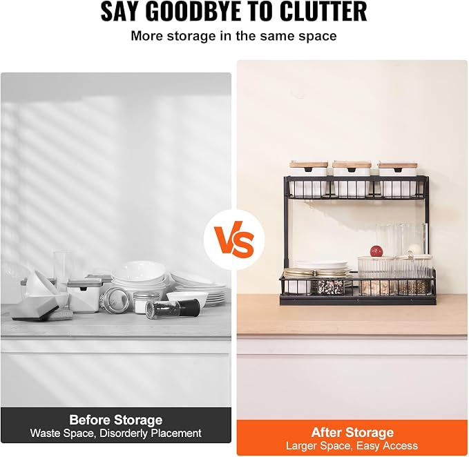 VEVOR 2 Tier Pull Out Cabinet Organizer(10.7"W x 14.2"D), Under Sink Organizer and Storage, Slide Out Drawer Cabinet Organizer, Wire Basket Sliding Storage, 12.5"Wx15.5"Dx13"H Install Size for Cabinet | Kitchen Slide Out Drawer Wire Basket Sliding Stor... - Image 6
