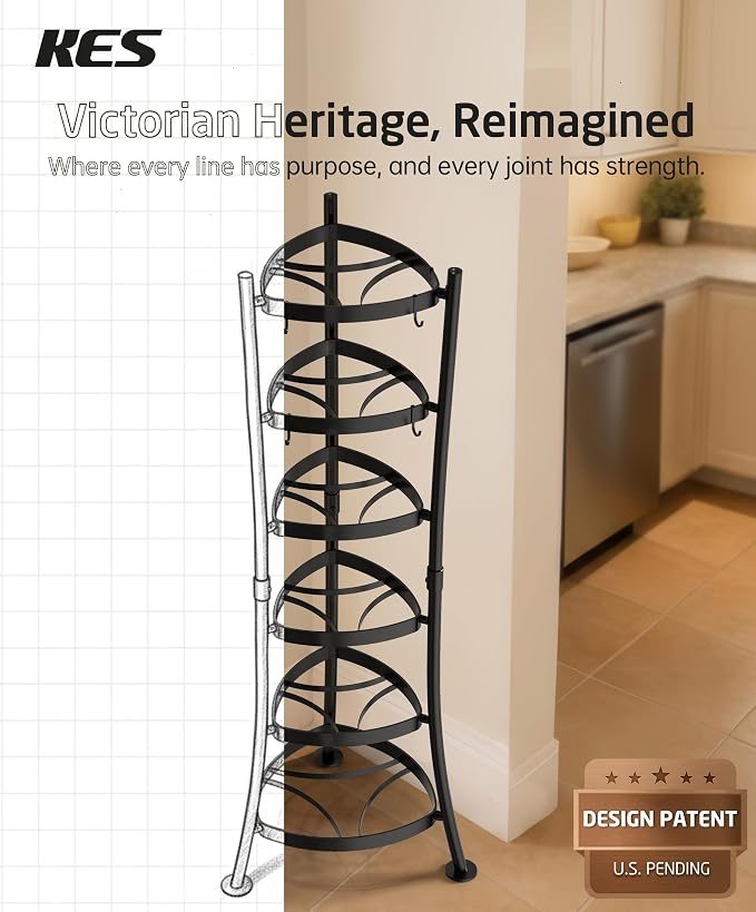 KES 264 Lbs Capacity Freestanding Pot Rack, 6-Tier Cast Iron Cookware Stand with 6 Hooks, Pots and Pans Storage Tower for Kitchen, Stable Base, Anti-tip Strap & Floor Protectors Black, KUR531S6-BK - Image 7