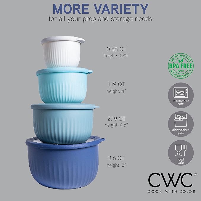 COOK WITH COLOR Prep Bowls with Lids- Wide and Deep Nesting Plastic Small Mixing Bowl Set with Lids, 8 Piece Set - Deep Bowls, Blue - Image 2