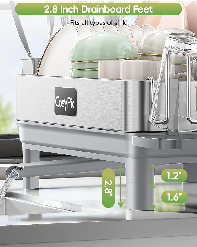 Dish Racks, Thicker Premium 304 Stainless Steel Dish Drying Rack for Kitchen Counter, Automatic Drainage Spout, Dish Drainer & Drainboard Set with Utensil Holder and Cup Holder, Grey - Image 6