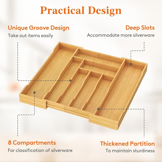 Lifewit Silverware Drawer Organizer, Wooden Utensil Tray for Kitchen | Expandable Flatware and Cutlery Holder, Adjustable Storage for Spoons Forks Knives, 10.2-18.1 x 16.7", Natural - Image 6