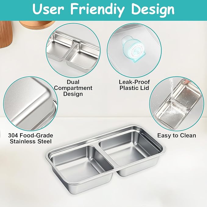 2Pcs 304 Stainless Steel Snack Containers, 2 Compartments Portable Food Storage Bento Boxes with Lids, Divided Meal Prep Lunch Box Food Container Dishwasher Safe - Image 3