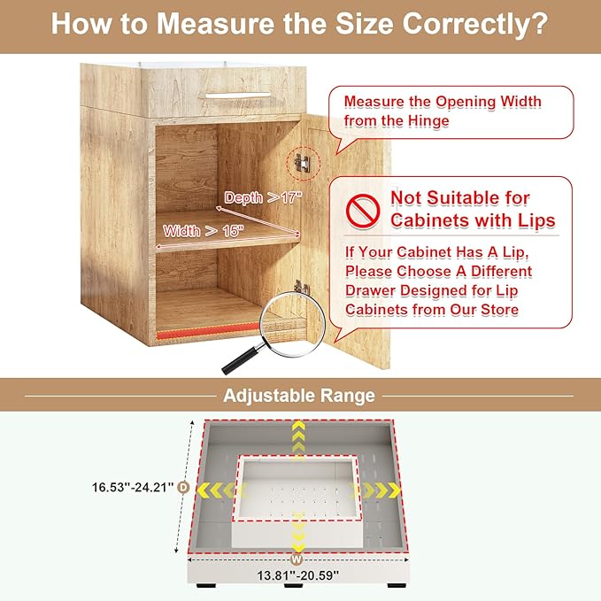 Fokyfok Pull out Cabinet Organizer,14"-21"W, 17"-24"D,Expandable,Adhesive | No Drill,3 Rails,Adjustable Slide out Drawers for Kitchen,Pantry,Roll out Shelves,for Cabinets Without Lip,Bathroom,White,1PC - Image 2