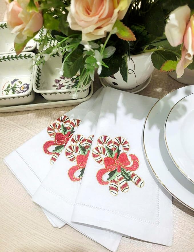 Embroidered Cloth Napkin – Red Candy Cane Christmas Cotton Napkins, Set of 6, 20x20 Hemstitch Table Napkin – Machine Washable – Ideal for Daily Use, Giving - Image 8
