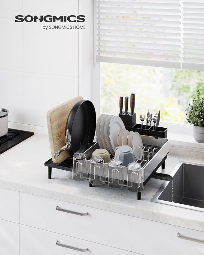 SONGMICS Large Dish Drying Rack, Expandable Dish Dryer for Kitchen Counter, Stainless Steel Dish Rack with Rotatable Spout, Utensil, Cup, Glass, Cutting Board, Pan Holders, Silver and Black UKCS037B01 - Image 2