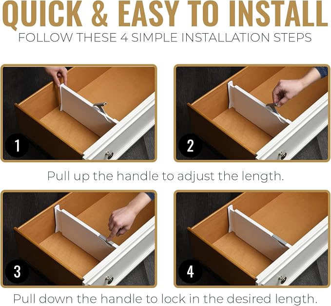 RAPTUROUS Adjustable Deep Drawer Divider – 6" Tall, Expandable 13-22", 8-Pack, Non-Slip Drawer Dividers for Clothes, Dresser, Kitchen & Office Organization (White) - Image 4