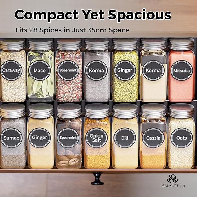28-Jar Spice Rack Organizer with 4-Tier Metal Stand | Complete Set with Glass Jars, Labels & Funnel | Space-Saving Kitchen Spice Storage (Wall or Countertop Mount) - Image 3