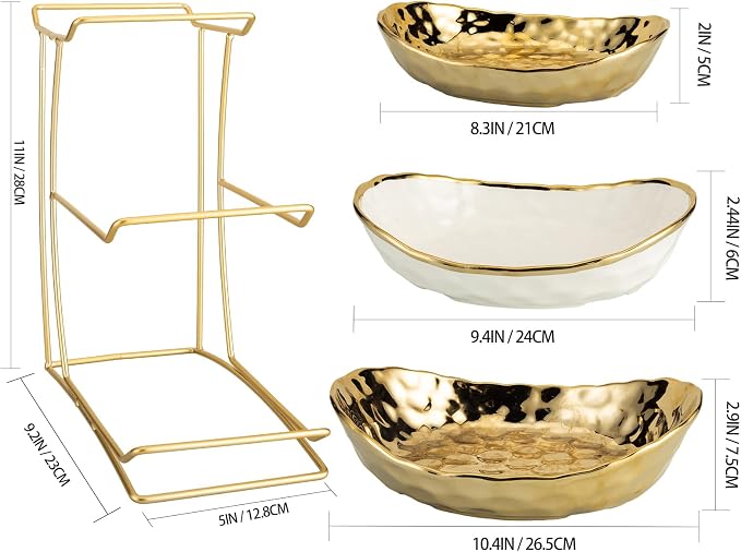 3-Tier Gold Fruit Bowl & Tray with Metal Stand - Ceramic White, Triple Layer for Snacks, Nuts, Bread & Candy Storage - Image 4