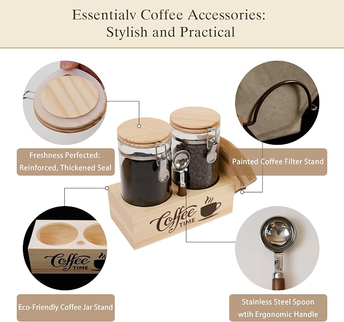 Glass Coffee Canister Set with Shelf & Spoon 2 Piece Coffee Containers for Coffee Bean Storage Airtight Seal, Coffee Bar Accessories Filter Holder for Kitchen Organization - Image 4