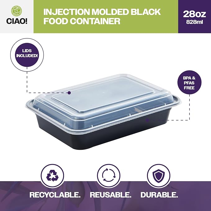 CIAO! Heavy Weight 28oz Injection Molded Microwavable Black Rectangular Food Container with Lid (150/case) - Image 2