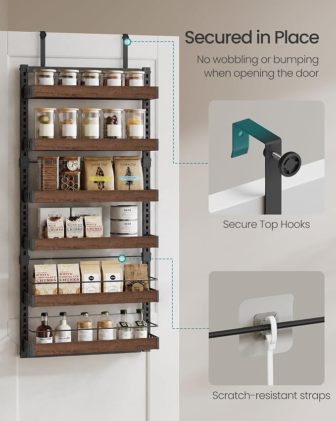 SONGMICS 6-Tier Over the Door Pantry Organizer, Adjustable Spice Rack with Anti-Tipping Wire, Wall Mounted Storage, 16.9 x 6.2 x 55.3 inch, Ink Black and Natural Walnut, UKCS048B101 - Image 6