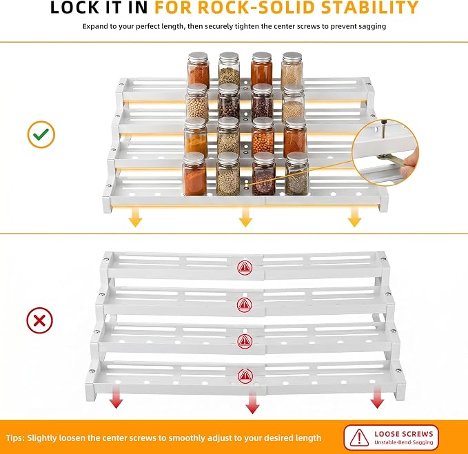 Spice Rack Organizer for Cabinet, 13-21.5" Expandable Spicy Shelf | 11.6" Depth 4-Tier White Metal Seasoning Organizer, Kitchen Spice Organization, Slip-Resistant Guardrails for Jars and Cans - Image 6
