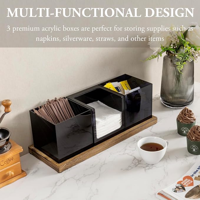 MyGift Coffee Organizer, Modern Acrylic Coffee and Tea Organizer with 3 Removable Premium Translucent Black Acrylic Compartments and Rustic Burnt Solid Wood Decorative Tray, 4 Piece Set - Image 2