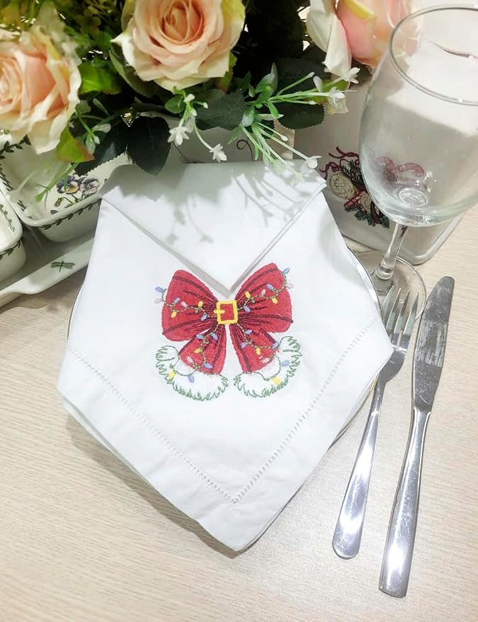 Embroidered Cloth Napkin Red Bow Christmas Cotton Napkins Set of 6, 20x20 Hemstitch Table Napkins, Machine Washable, Daily & Holidays, Great Gift Ideas - Image 8