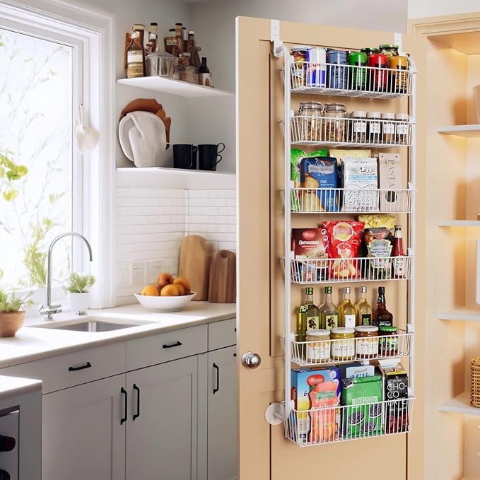 Delamu Large Over the Door Pantry Organizer, 6-Tier Metal Pantry Door Organization and Storage for Easy Install, Hanging Spice Rack Seasoning Shelves for Cabinet & Kitchen, D6.7xW17.5xH53.7 in, White - Image 7