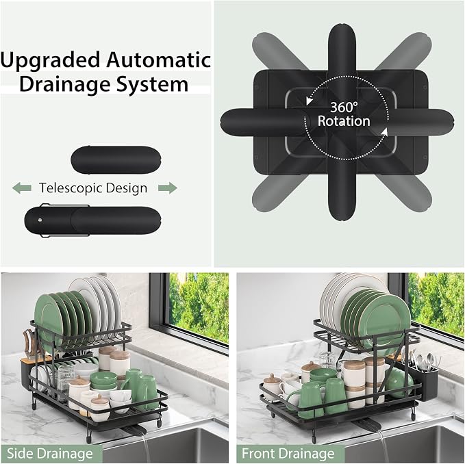 GOFLAME Dish Drying Rack with Drainboard, Collapsible 2-Tier Dish Rack and Drainboard Set with Removable Drip Tray, 360° Swivel Spout, Utensil Holder, Large Capacity Dish Drainer for Kitchen Counter - Image 3