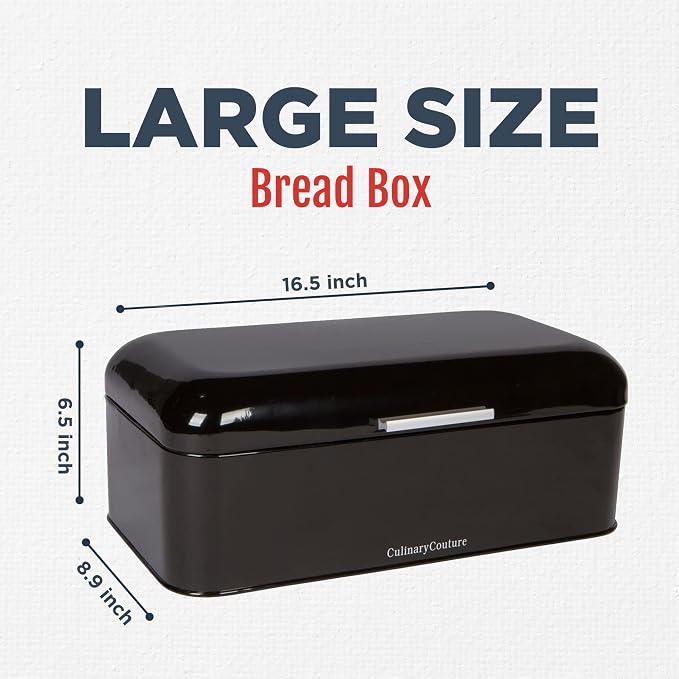 Extra Large Black Bread Box for Kitchen Countertop 16" x 9" Holds 2 Loaves | Stainless Steel Vintage Bread Boxes for Kitchen Counters - Image 2