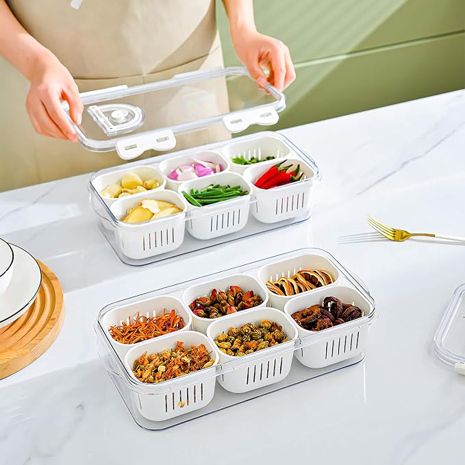 2Pack Divided Food Serving Tray with Lids Stackable Snackle Box for Candy Nuts Spice Fruit&Veggie Container with 6 Small Dividers Plastic Storage Bins for Fridge Pantry Freezer - Image 6