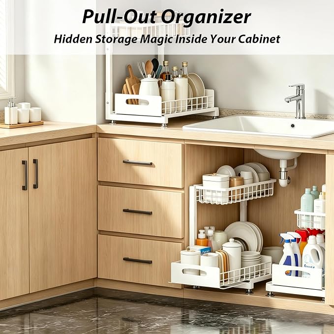 2 Pack Upgraded Under Sink Organizer, 2 Tier Pull out Kitchen Cabinet Organizer Metal Slide out Bathroom Organizers and Storage Makeup Drawer Organizer for Office Bedroom Restroom Living Room, L-White - Image 4
