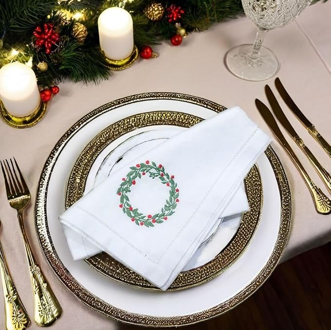 Embroidered Cotton Napkins Christmas 20x20 (Holly Wreath Christmas) - Image 5
