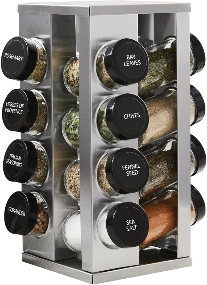 Kamenstein 16 Jar Heritage Revolving Countertop Spice Rack Organizer with Spices Included, FREE Spice Refills for 5 years, Brushed Stainless Steel with Black Caps by Kamenstein