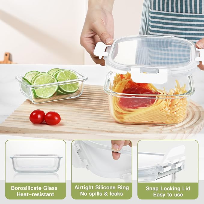 BAYZZ 24 Piece Glass Food Storage Containers with Lids, Airtight Glass Meal Prep Containers for Kitchen, BPA-Free Lunch Box, Microwave and Freezer Safe,White - Image 2