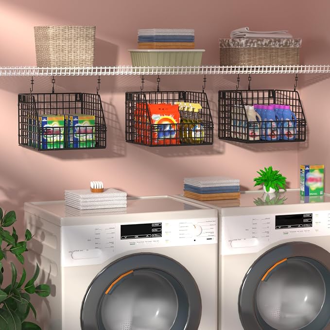 PUPPYCUTE Larger & Deeper Hanging Storage Basket, Closet Organizers and Storage, Hanging Shelves Wire Baskets for Clothing Sweaters Purse Handbags Shoes Black 3 Tier - Image 3