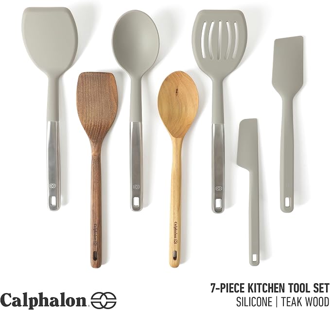 Calphalon Prime 7-Piece Silicone and Teak Wood Kitchen Tool Set, Stainless Steel Kitchen Utensil Set, Kitchen Spoon And Spatula Set, Heat Resistant Non-Slip Kitchen Gadgets Set - Taupe - Image 2