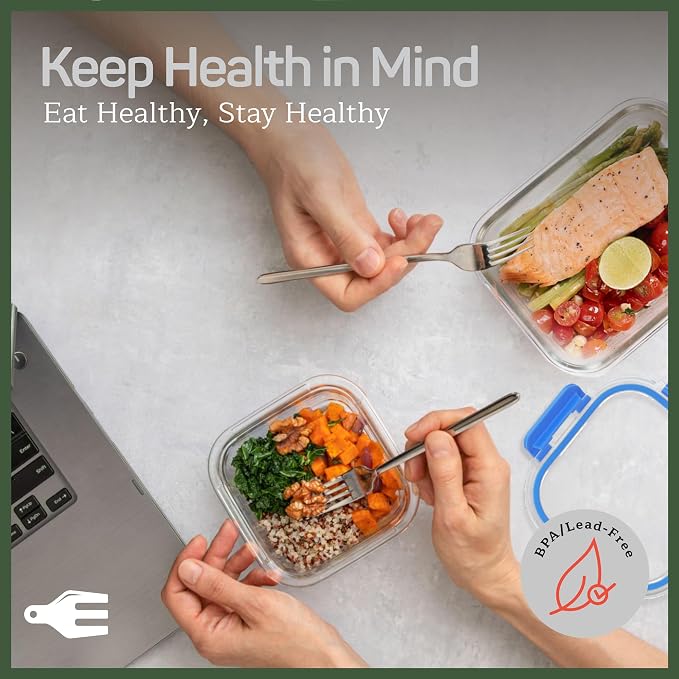 Emporio Kitchen Borosilicate Glass Food Storage Containers with Lids 24 Pieces, BPA-Free Stackable Lunch & Leftover Containers, Microwave, Freezer & Dishwasher Safe, 100% Airtight Leak-Proof, Blue - Image 3